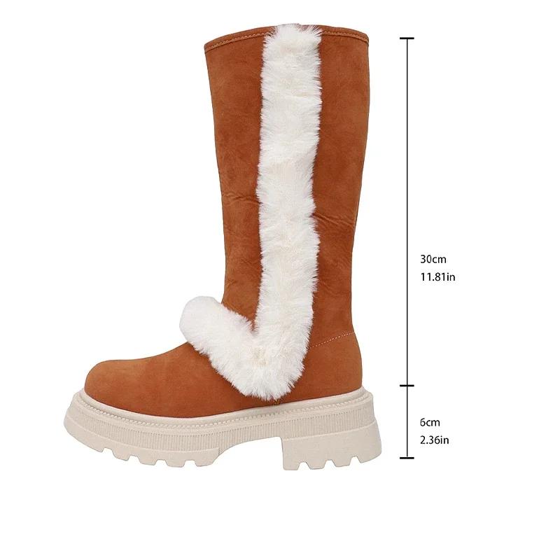 Женские меховые ботинки на платформе до середины икры, теплые ботинки на каблуке, зимняя мода 2025, новые модные повседневные ботинки на квадратном каблуке, Botas Mujer