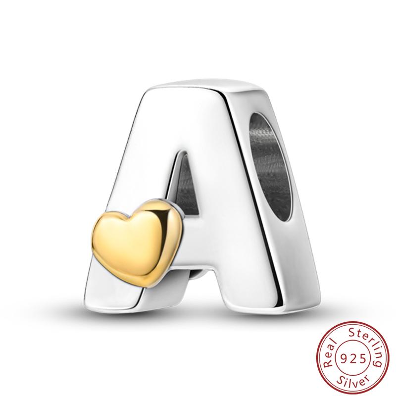 100% 925 Silver 26 Letter A-Z Gold Heart Round And Cute Design Charms Beads 3mm DIY Fine Jewelry Sweet