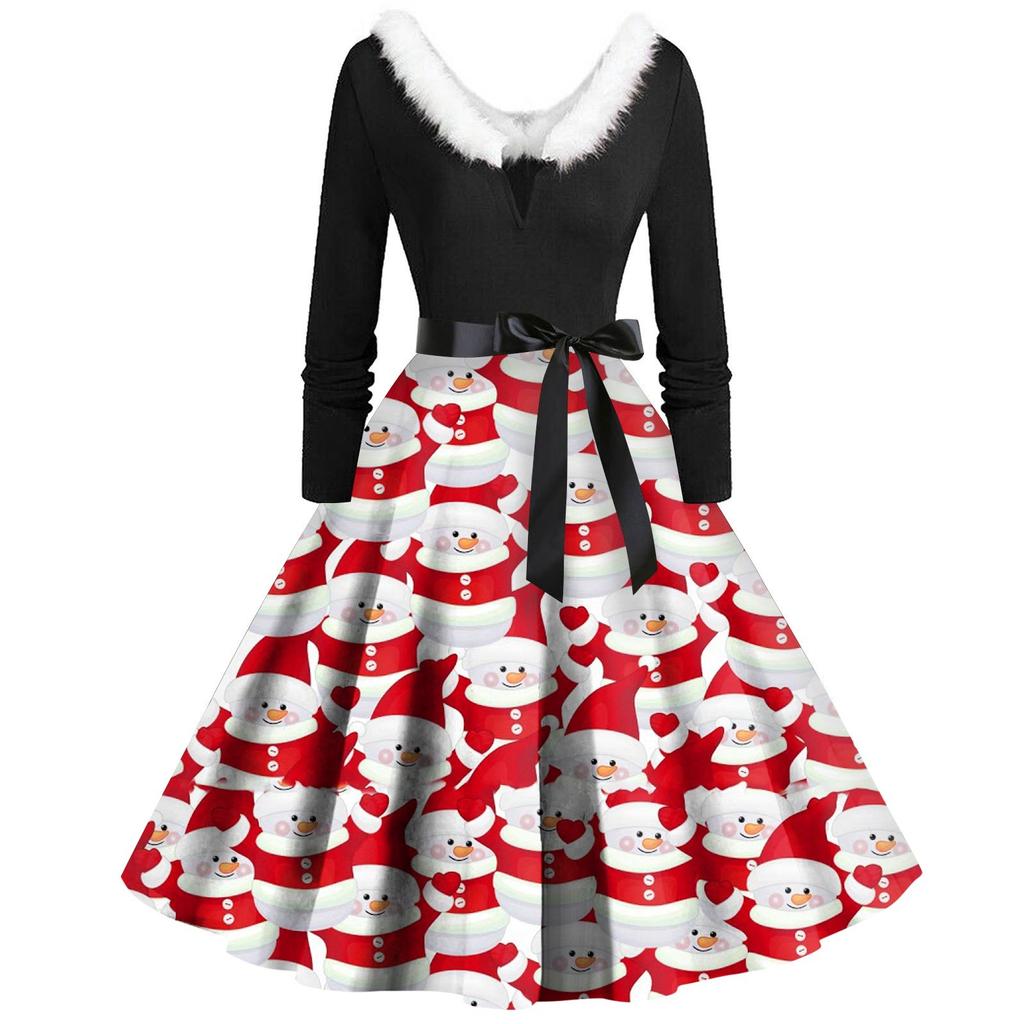 Women Vintage Long Sleeve Christmas Print 1950s Housewife Evening Party Prom Dress