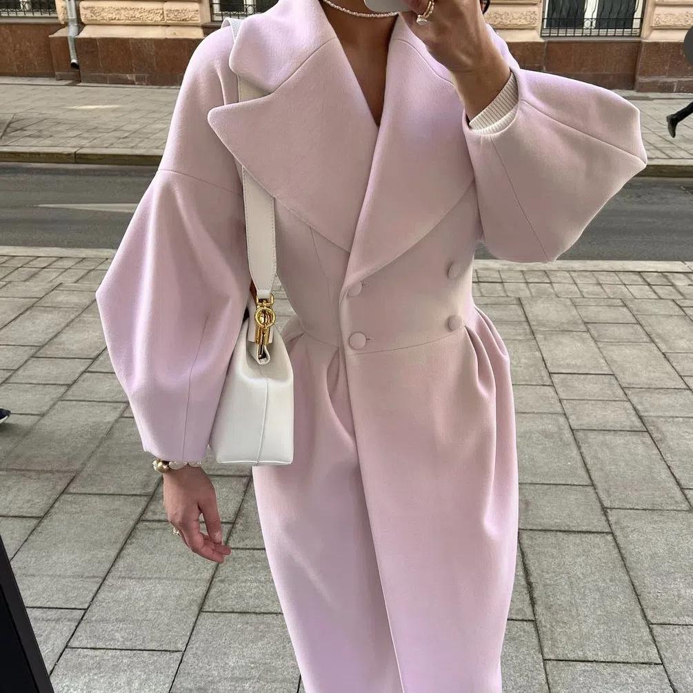 Женское элегантное двубортное длинное пальто из шерстяной смеси, зимнее пальто с большими лацканами и поясом, модная приталенная верхняя одежда в дворцовом стиле