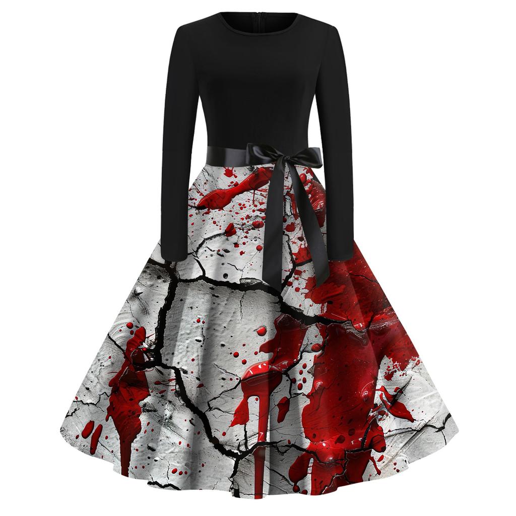 Платье-клеш с принтом на Хэллоуин для женщин с длинным рукавом, повседневные платья с круглым вырезом и ажурной отделкой