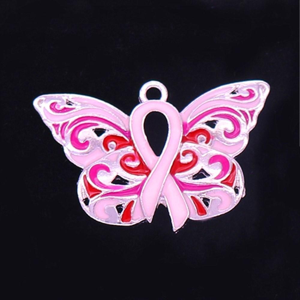 New Design Jewelry Making Pink Enamel Hope Butterfly Pendant Animal Shaped Ribbon Awareness Charm Breast Cancer Jewelry