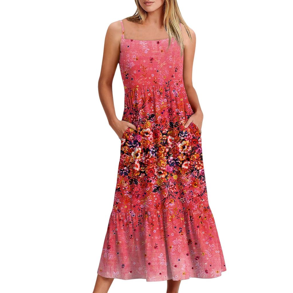 Женское длинное пляжное повседневное элегантное платье макси на тонких бретельках с цветочным принтом, струящееся платье в стиле бохо