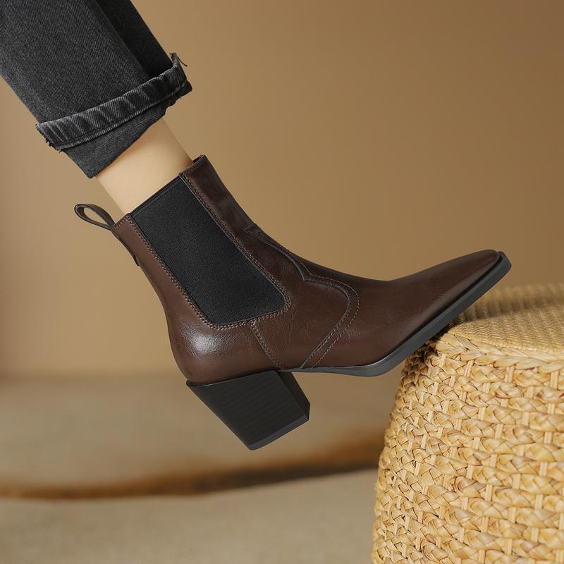 2024 Новые осенние женские сапоги с острым носком и толстым каблуком. Обувь из натуральной кожи для женщин. Лаконичные ботильоны. Сапоги на платформе.