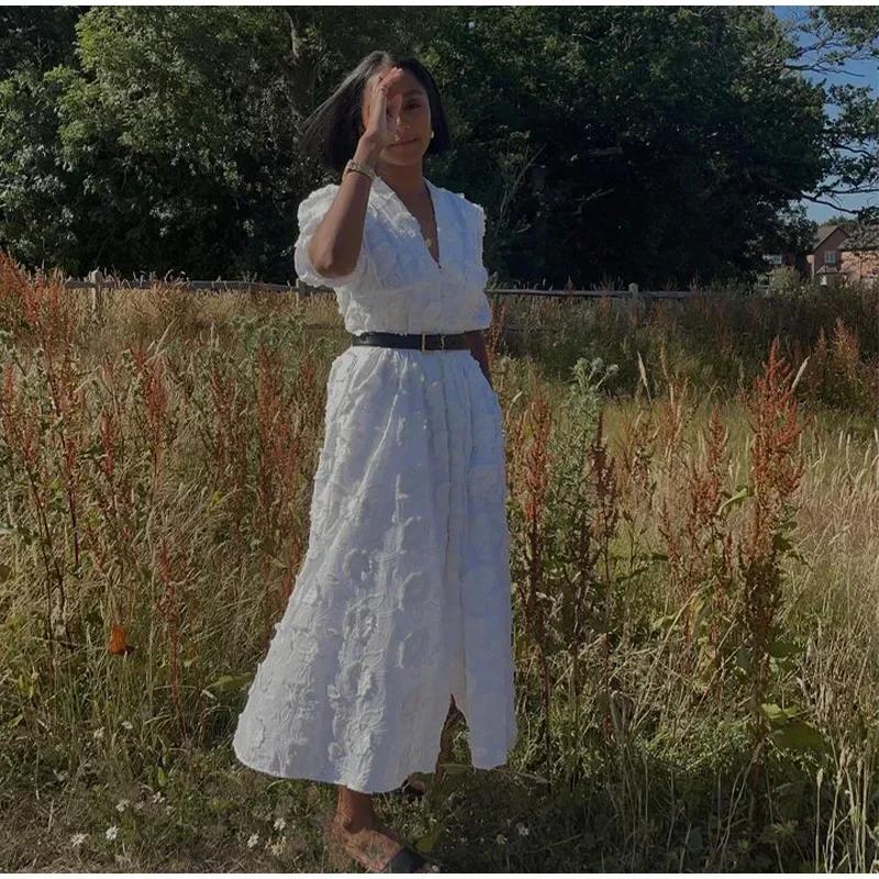 Белое печатное однобортное платье с разрезом для женщин, модные платья с V-образным вырезом и коротким рукавом, летние женские платья для отдыха на пляже