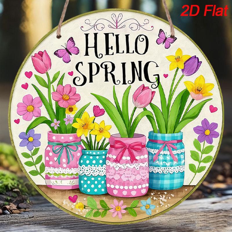 2D Flat Aluminum Hello Spring Door Sign for Front Door, Round Hanging Plaque with Mason Jar & Tulip Flower Design, Rustic Farmhouse Porch Wall Decor