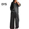 2 Pcs/Set Women Shirt Pants Set Long Sleeves Lapel Collar Pockets Single-breasted Drawstring Hem Blouse High Waist Loose Wide Leg Pants Set Casual