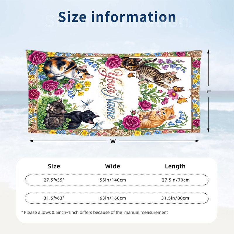 Cat Theme Beach Towel Personalized Custom Name & Text Soft Quick Dry Beach Towel for Swimming Travel