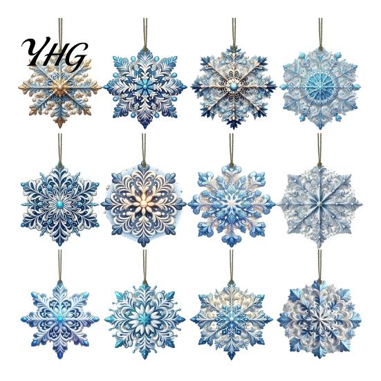 Rustic Wooden Snowflake Pendants 12 Pcs Ornaments, Blue Winter Christmas Tree Hanging Decoration, Reusable Party Favors Double Sided Holiday