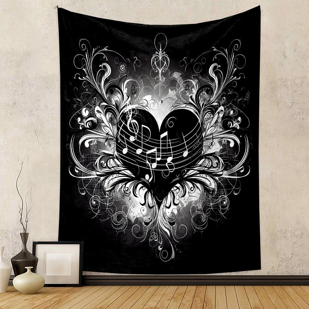 "Elegant Heart with Musical Notes Design" Patterned tapestry home decor, suitable for bedroom and living room, gift