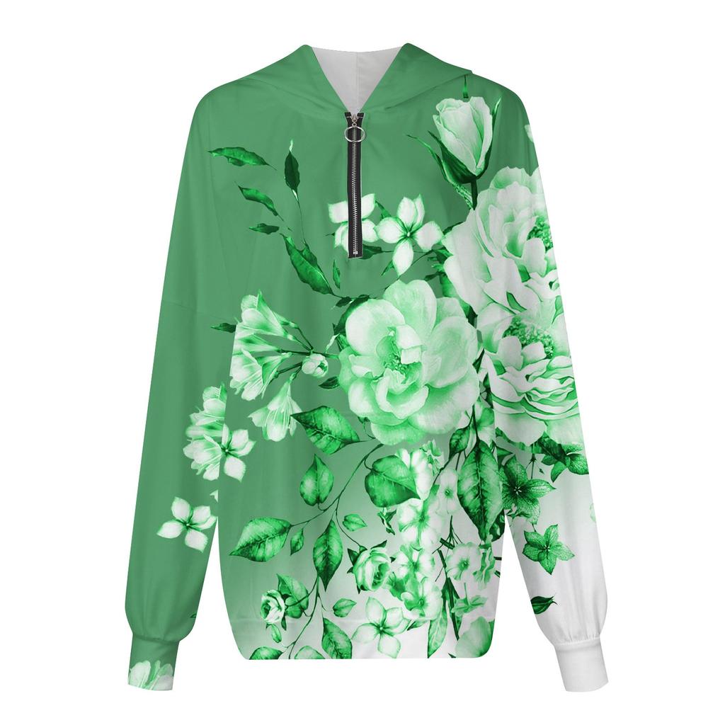 Женская мода с длинным рукавом и принтом, свободная толстовка с капюшоном на молнии и карманами