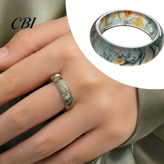 Hypoallergenic Finger Ring Faux Natural Moss Agate Ring, Fake Gemstone Statement Healing Nature Inspired Jewelry Stone for Men Women Band
