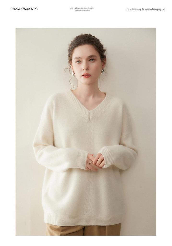 Women's V-Neck Cashmere Blend Pullover: Cozy Cable Knit Sweater for Autumn/Winter