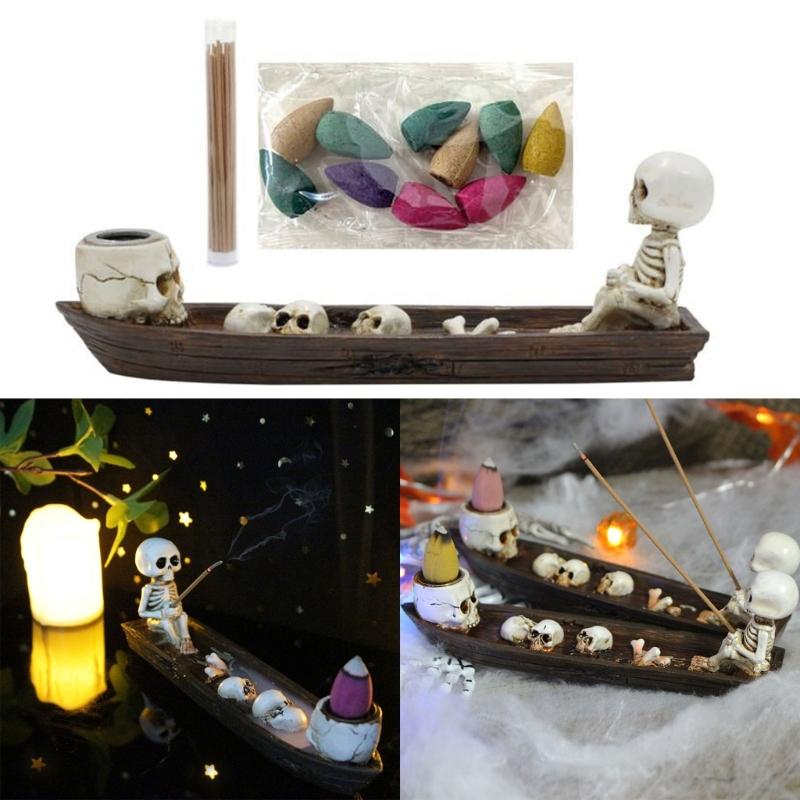 Halloween Skull Fishing Boats Decorative Incenses Burners Backflow Incenses Stick Holder Desktops Statues Party Gift