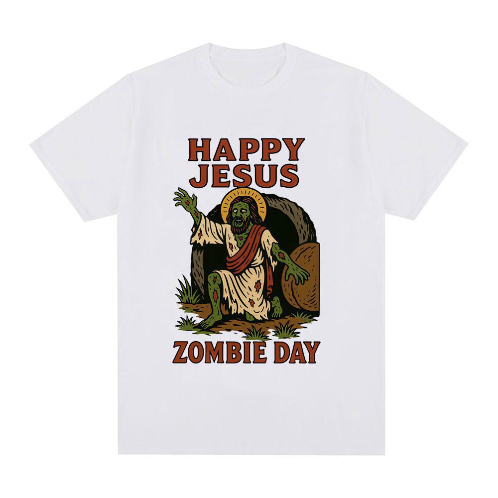 Happy Jesus Zombie Day Funny Meme Graphic 100cotton Unisexs Shirt Oneck Short Sleeve Harajuku Unisexs Fashion Oversized Tshirt