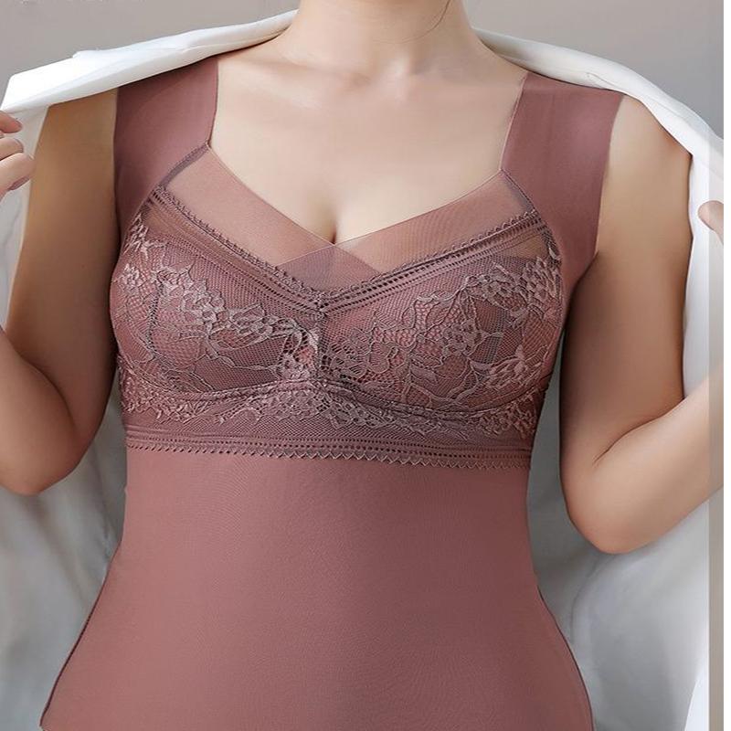 Women's Winter Warm Lace Velvet Thermal Vest Embroidered Fixed One-Cup Slim Bottoming Thickened Underwear
