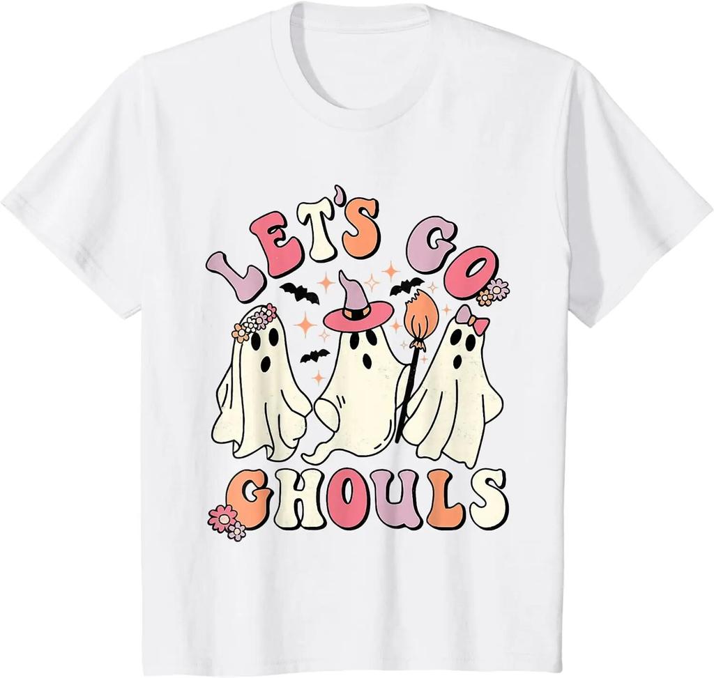 Let's Go Ghouls, костюм призрака на Хэллоуин, ретро, ​​заводная футболка для женщин унисекс, повседневные хлопковые повседневные рубашки для женщин, футболки