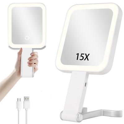 LunarCorky Ручное 1x 15x LED Зеркало для макияжа USB Настольное зеркало для макияжа с ручным дорожным зеркалом Двустороннее зеркало, и Увеличение, Свет, Зеркало,
