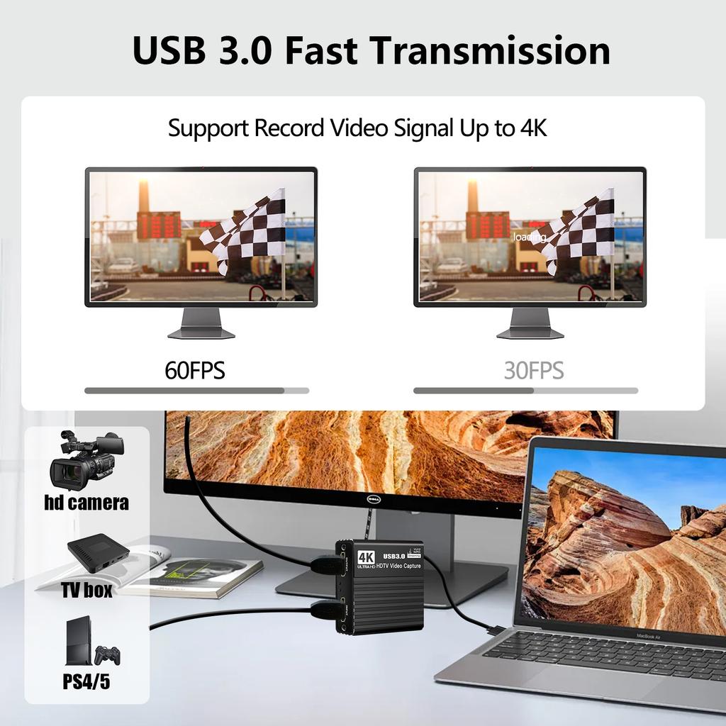 USB 3.0 Video Capture Card HDMI 4K Recording Box Game 1080P Video Recorder 60FPS