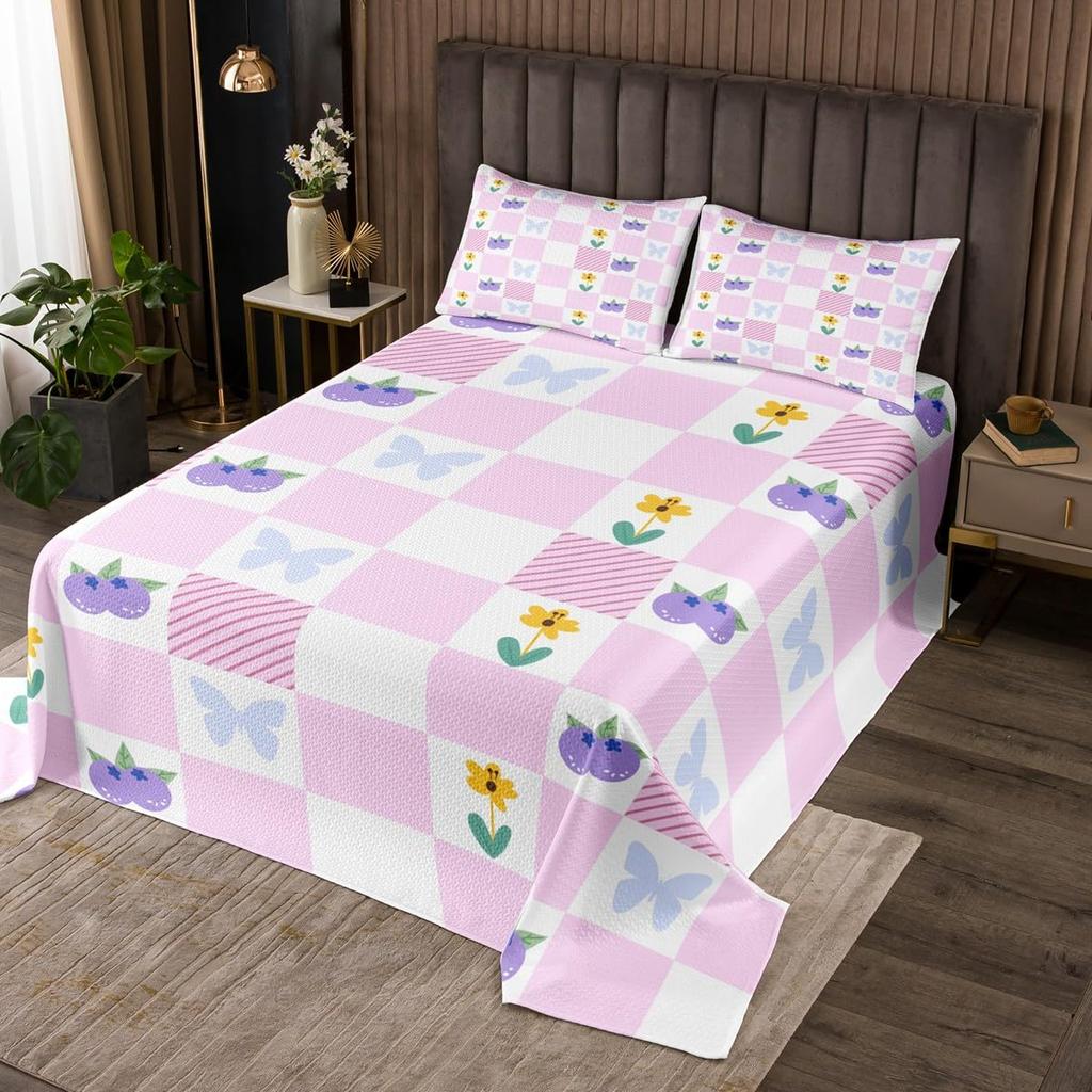 Cartoon Blueberry Bedspread Summer Tropical Fruit Quilted Coverlet Watercolor Botanical Leaves Flower Bedding Set for Teen Adult