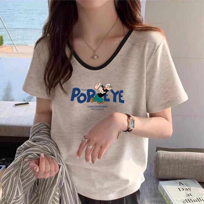 American pure cotton retro V-neck front shoulder short sleeve 2026 thin summer new contrasting color fashionable gray loose top