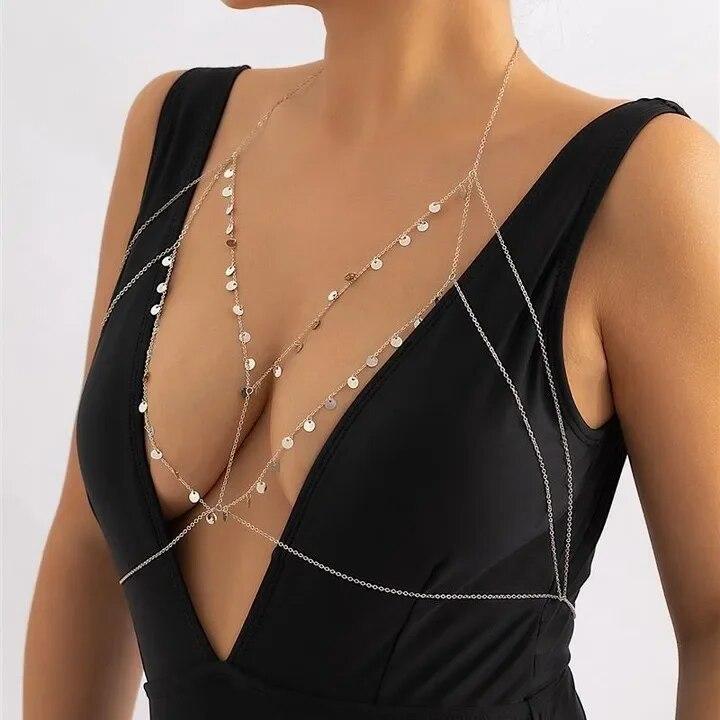 Sexy Cross Breat Necklace for Women Sequin Chest Bra Waist Belt Belly Chain for Beach Bikini Romantic Body Jewelry 2023 Summer