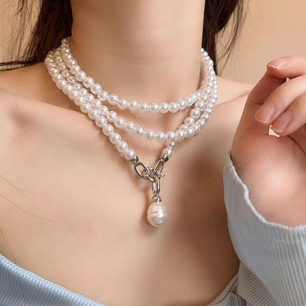 White Pearl Choker Multilayer Pearl Pendant Accessory Detchable Pearl Beaded Necklace Party