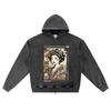 DTG Print Knitted Denim Zip-Up Hoodie Japan Samurai Brother Print Zipper Hoodies  