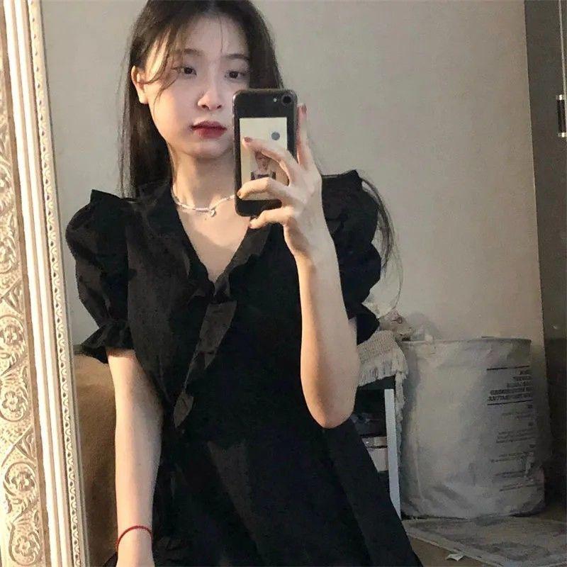 Корейская версия ретро однотонного платья с деревянными ушками и боковым кукольным воротником, облегающее талию, студенток, летняя юбка трапециевидной формы