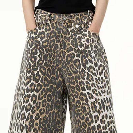 Джинсовые брюки унисекс с леопардовым принтом, свободные прямые ретро со средней талией на молнии и пуговицах длиной до колена для вечеринки