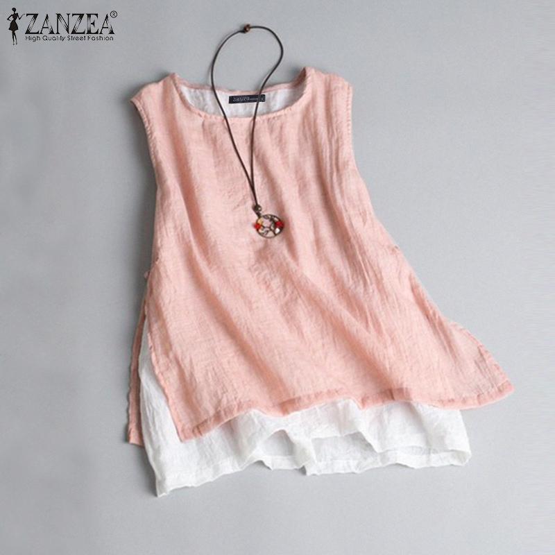 ZANZEA Women Summer Loose Casual O-neck Sleeveless Double Layer Tank Tops