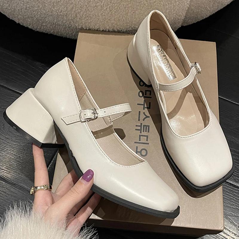 Fashion Rimocy Silver Thick Heels Mary Jane Shoes Women 2025 Buckle Strap Square Toe Pumps Woman Med Heele Patent Leather Shoes Female