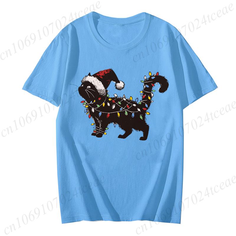 Woman Cute Cat Christmas Graphic Print T-shirt Holiday Tee Shirts Casual O Neck Fashion Short-sleeve Soft Cat Mom Creative Tops