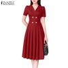 Women Casual Turn Down Collar Loose Short Sleeve Pleated Dress