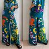 Tropical Vibes Women's Linen Pants Set Long Sleeve Tunic Wide Leg Drawstring Pants Button Down Style