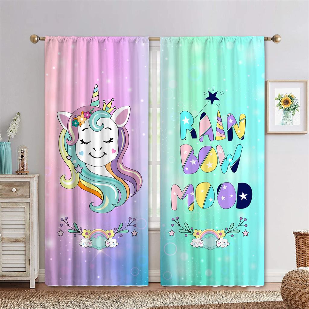 Rainbow Unicorn Colorful 3D Printing Window Curtains Blind for Kids Children Liiving Room Bederoom Kitchen Door Decor 2pieces