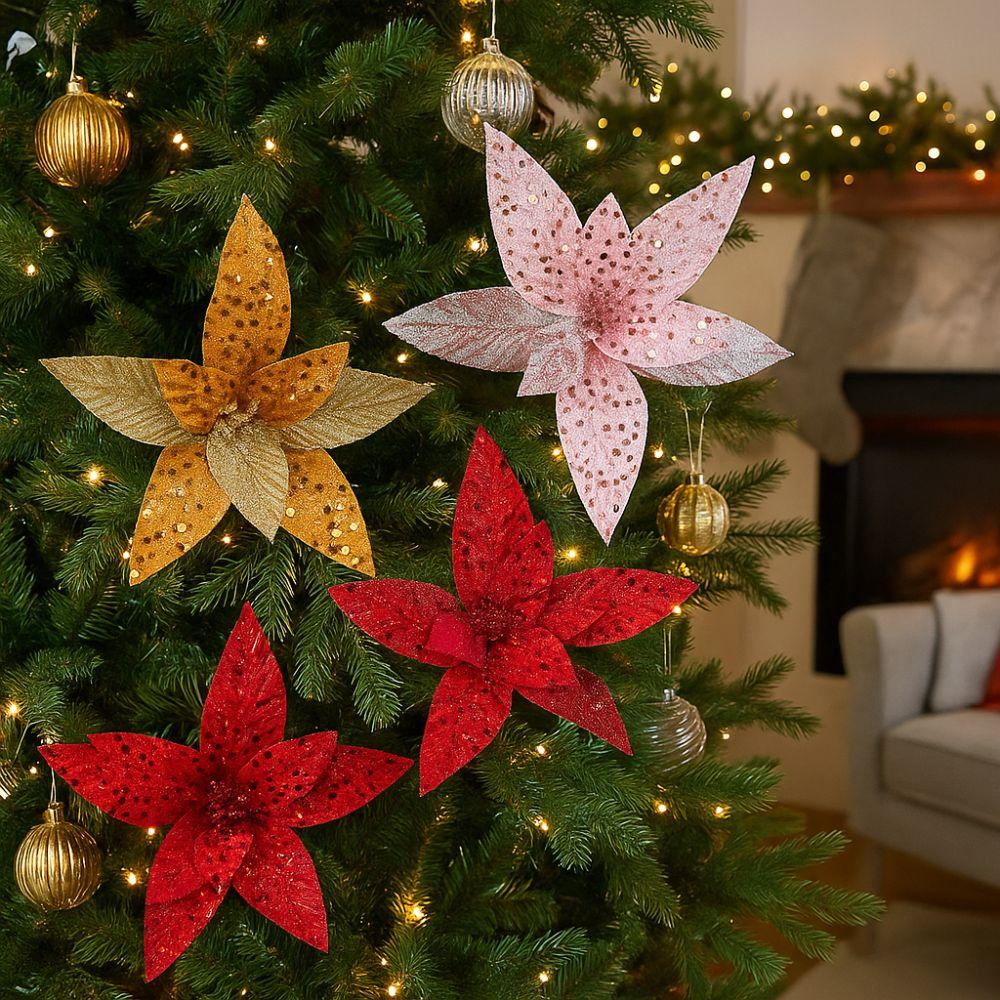 25cm Christmas Artificial Flowers Sequin Mesh Handmade Poinsettia Flower Realistic Decorative Simulation Glitter Flower