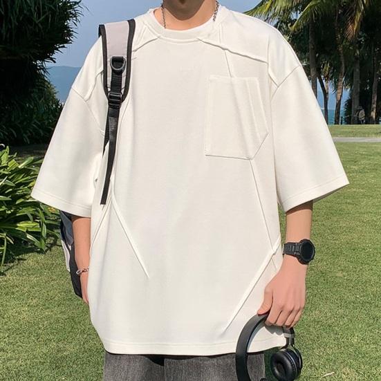 Summer Men Top O Neck Three Quarter Sleeves Chest Pocket Patchwork Loose Plus Size Mid Length Pullover Solid Color Hip Hop Streetwear Daily T-shirt