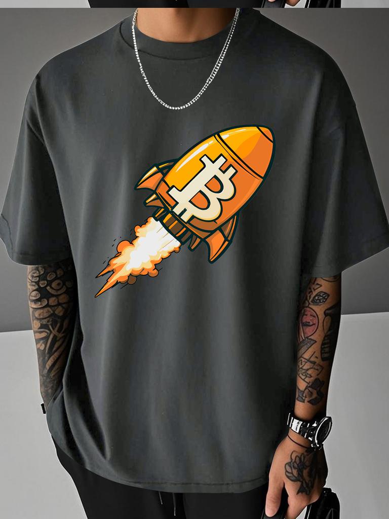 Unisex Summer Casual Short Sleeve T Shirt Bitcoin Rocket Graphic Print Oversized Loose Tees Streetwear Daily Fashion Tops