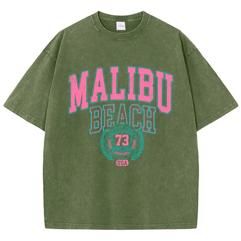 Malibu Beach Washed T-Shirt Women Letter Printing Cotton T Shirt Comfortable Crewneck Tops Casual Oversized Clothes