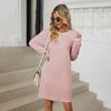 Платье осень-весна, однотонное, свободный нагрудный карман, длинные рукава, круглый вырез, свитер длиной до колена, для свиданий, на работу, миди-платье
