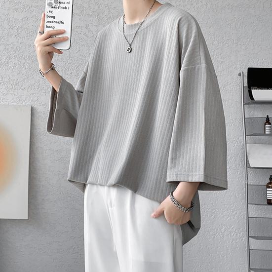 Мужская футболка с круглым вырезом, рукавами три четверти, однотонная футболка в повседневном стиле, свободная футболка для улицы, путешествий, отпуска