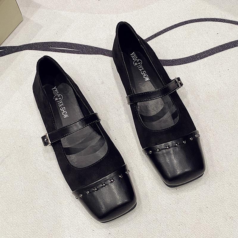 Fashion Women's Fashion Flat Shoes Square Head Shallow Mouth Splicing Suede Rivet Soft Sole Anti-slip Wear-resistant Single Shoes