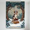 Причудливый зимний щенок йоркширского терьера на книгах, Металлическая жестяная вывеска, Собака из сказки, Снежный пейзаж, Настенный декор для дома, кафе