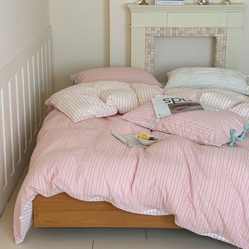 ins striped pure cotton four-piece set Korean bow type A cotton yarn-dyed washed cotton single sheet bedding