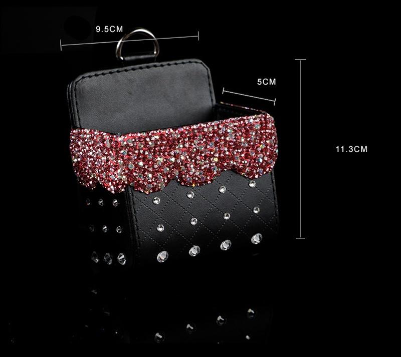 Bling Crystal Rhinestone Car Air Vent Pocket Bag Storage Box Organizer Universal Leather Car Mobile Phone Glasses Holder