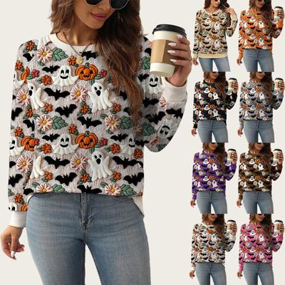 Женские весенне-осенние толстовки с длинным рукавом и круглым вырезом, пуловер, худи, свитшот, топ с принтом привидения и тыквы на Хэллоуин