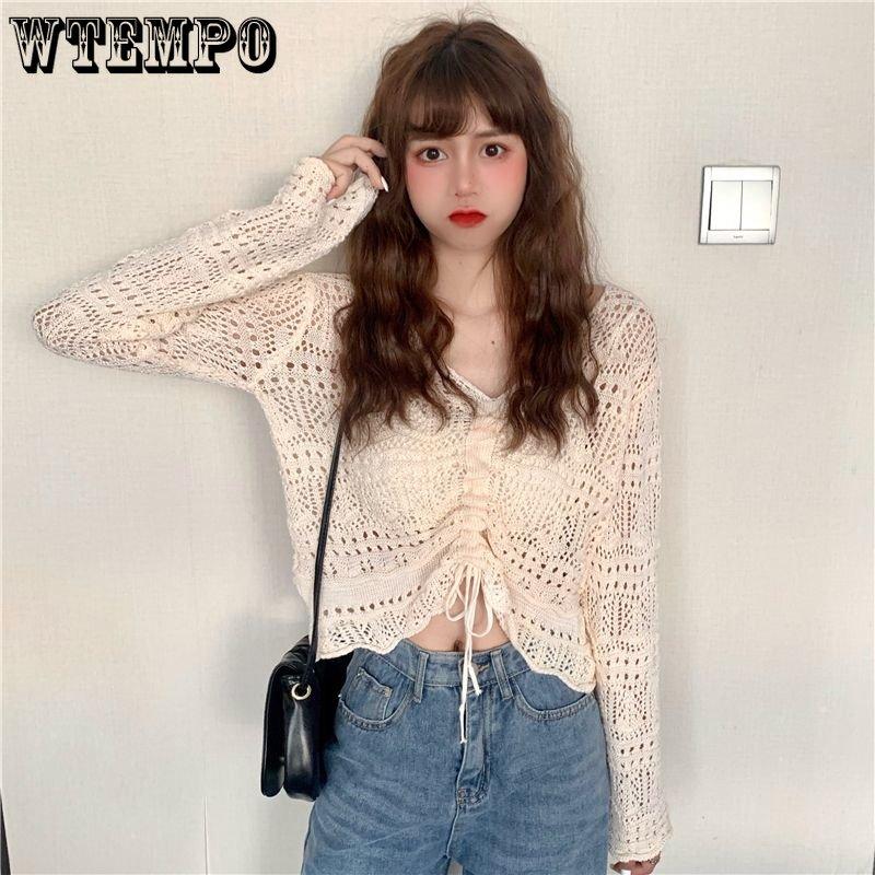 Женские вязаные топы в корейском стиле, весна-лето, свободные плиссированные короткие топы ярких цветов с v-образным вырезом и завязками