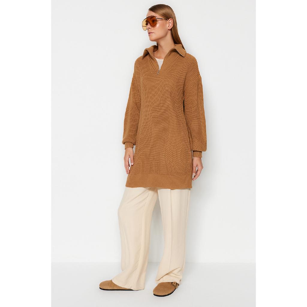 Верблюжий вязаный свитер с застежкой-молнией Tctaw24ak00137