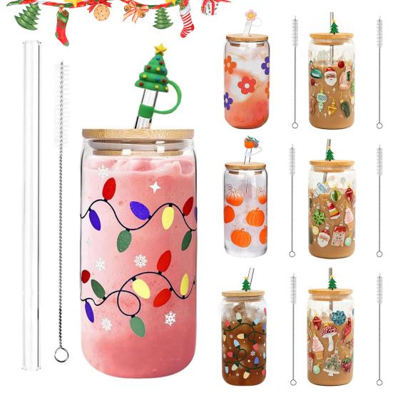 Color Changing Christmas Glass Cup with Lid Straw Brush Reusable Glass Iced Coffee Cup Cute Xmas Party Decorations for Mom Her